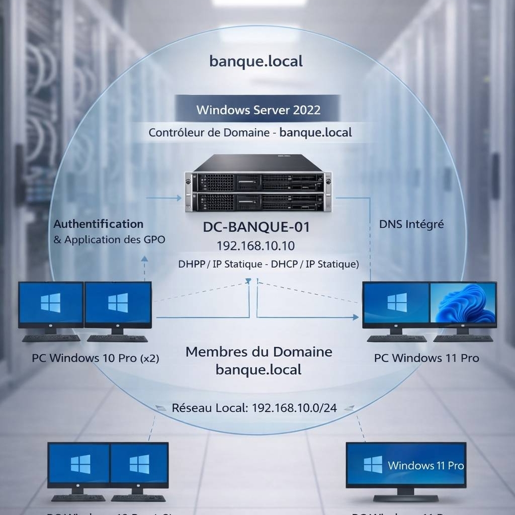 Schéma d'infrastructure Active Directory avec contrôleur de domaine Windows Server