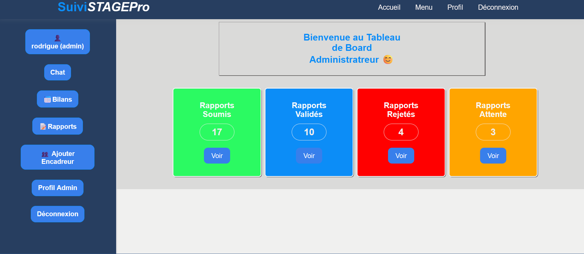 Interface de la plateforme de gestion des rapports de stage, version web et Android